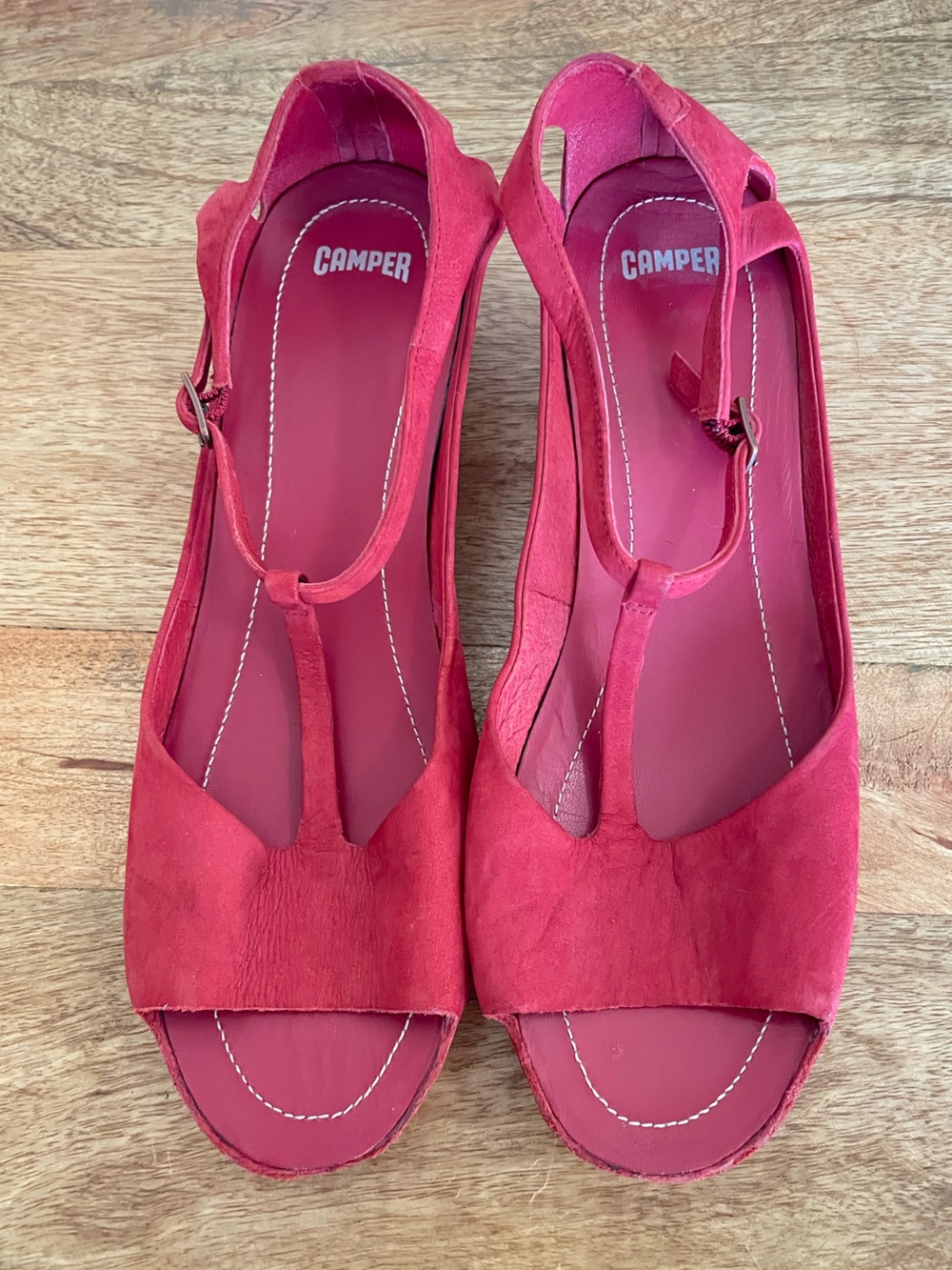Camper Sinuosa Red Leather Suede Lightweight Sandals Adjustable Strap Comfort 39